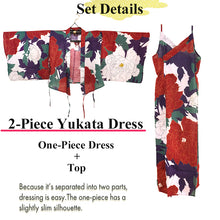 画像をギャラリービューアに読み込む, Easy-Wear Cotton Yukata Dress Set for Women – 2-Piece Japanese Kimono Style (Top + Dress), peonies flower pattern, Beginner-Friendly, Lightweight Cotton