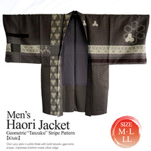Load image into Gallery viewer, Men’s Khaki Haori Jacket with Geometric “Tanzaku” Stripe Pattern – Modern Japanese Kimono Outerwear
