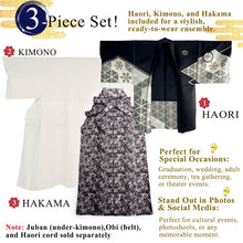 画像をギャラリービューアに読み込む, Men’s Haori, Kimono & Hakama 3-Piece Set – Black & Shilver Traditional Japanese Formal Wear for Graduation, Wedding & Special Occasions