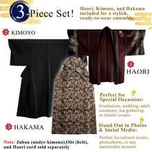 画像をギャラリービューアに読み込む, Men’s Haori, Kimono & Hakama 3-Piece Set – Burgundy, Black & Gold Traditional Japanese Formal Wear for Graduation, Wedding & Special Occasions