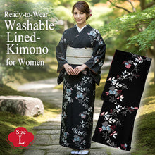 將圖片載入圖庫檢視器 Ready-to-Wear Washable Komon Kimono for Women, Fully Lined Polyester, Black magnolia Floral Design with Red Accents – A Sophisticated Komon Kimono with Timeless Elegance