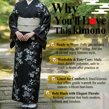 將圖片載入圖庫檢視器 Ready-to-Wear Washable Komon Kimono for Women, Fully Lined Polyester, Black magnolia Floral Design with Red Accents – A Sophisticated Komon Kimono with Timeless Elegance