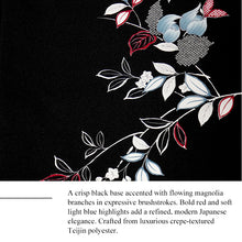 將圖片載入圖庫檢視器 Ready-to-Wear Washable Komon Kimono for Women, Fully Lined Polyester, Black magnolia Floral Design with Red Accents – A Sophisticated Komon Kimono with Timeless Elegance
