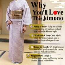 將圖片載入圖庫檢視器 Ready-to-Wear Washable Komon Kimono for Women, Fully Lined Polyester, Soft Lavender Gradient with Wave Motif – A Sophisticated Komon Kimono with Timeless Elegance