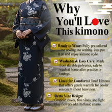 將圖片載入圖庫檢視器 Ready-to-Wear Washable Komon Kimono for Women, Fully Lined Polyester, Deep Navy with Retro Vine Motif – A Sophisticated Komon Kimono with Timeless Elegance