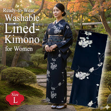 將圖片載入圖庫檢視器 Ready-to-Wear Washable Komon Kimono for Women, Fully Lined Polyester, Deep Navy with Retro Vine Motif – A Sophisticated Komon Kimono with Timeless Elegance