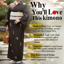 將圖片載入圖庫檢視器 Ready-to-Wear Washable Komon Kimono for Women, Fully Lined Polyester, Deep Brown with Gourd Motif – A Sophisticated Komon Kimono with Warm Japanese Charm