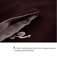 將圖片載入圖庫檢視器 Ready-to-Wear Washable Komon Kimono for Women, Fully Lined Polyester, Deep Brown with Aoi Leaf Motif – A Sophisticated Komon Kimono with Quiet Elegance