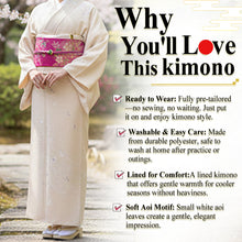 將圖片載入圖庫檢視器 Ready-to-Wear Washable Komon Kimono for Women, Fully Lined Polyester, Soft Beige with Aoi Leaf Motif – A Sophisticated Komon Kimono with Gentle Elegance