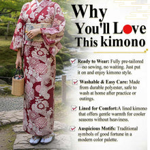將圖片載入圖庫檢視器 Ready-to-Wear Washable Komon Kimono for Women, Fully Lined Polyester, Deep Red with Auspicious Floral Motifs – A Sophisticated Komon Kimono with Celebratory Elegance