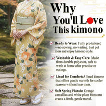 將圖片載入圖庫檢視器 Ready-to-Wear Washable Komon Kimono for Women, Fully Lined Polyester, Light Yellow Green with Camellia & Plum Blossoms – A Sophisticated Komon with Soft Spring Charm