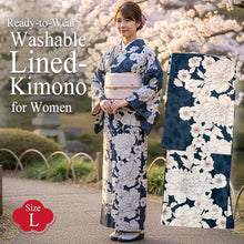 画像をギャラリービューアに読み込む, Ready-to-Wear Washable Komon Kimono for Women, Fully Lined Polyester, Deep Navy with Peony & Cherry Blossoms – A Sophisticated Komon Kimono with Timeless Elegance