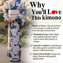 画像をギャラリービューアに読み込む, Ready-to-Wear Washable Komon Kimono for Women, Fully Lined Polyester, Deep Navy with Peony & Cherry Blossoms – A Sophisticated Komon Kimono with Timeless Elegance