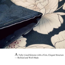 画像をギャラリービューアに読み込む, Ready-to-Wear Washable Komon Kimono for Women, Fully Lined Polyester, Deep Navy with Peony & Cherry Blossoms – A Sophisticated Komon Kimono with Timeless Elegance