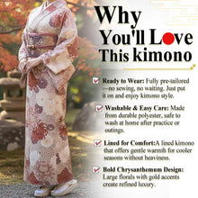 画像をギャラリービューアに読み込む, Ready-to-Wear Washable Komon Kimono for Women, Fully Lined Polyester, Beige with Bold Chrysanthemum Motif and Gold Accents – Elegant and Luxurious Japanese Kimono