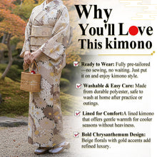 画像をギャラリービューアに読み込む, Ready-to-Wear Washable Komon Kimono for Women, Fully Lined Polyester, Deep Green with Large Beige Chrysanthemums and Gold Accents – A Sophisticated Floral Kimono