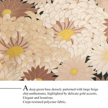 画像をギャラリービューアに読み込む, Ready-to-Wear Washable Komon Kimono for Women, Fully Lined Polyester, Deep Green with Large Beige Chrysanthemums and Gold Accents – A Sophisticated Floral Kimono