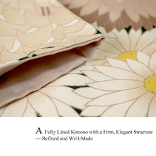 画像をギャラリービューアに読み込む, Ready-to-Wear Washable Komon Kimono for Women, Fully Lined Polyester, Deep Green with Large Beige Chrysanthemums and Gold Accents – A Sophisticated Floral Kimono