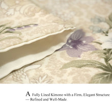 画像をギャラリービューアに読み込む, Ready-to-Wear Washable Komon Kimono for Women, Fully Lined Polyester, Beige Exotic Paisley with Lily, Orchid & Dianthus Accents – A Sophisticated Retro-Inspired Kimono