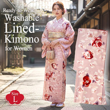 画像をギャラリービューアに読み込む, Ready-to-Wear Washable Komon Kimono for Women, Fully Lined Polyester, Soft Blush Pink with Bold Camellia Motifs & Gold Accents – A Sophisticated Floral Kimono