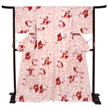 画像をギャラリービューアに読み込む, Ready-to-Wear Washable Komon Kimono for Women, Fully Lined Polyester, Soft Blush Pink with Bold Camellia Motifs & Gold Accents – A Sophisticated Floral Kimono