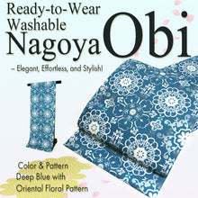 Load image into Gallery viewer, Women's Washable Nagoya Obi (Deep Blue with Oriental Floral Pattern)