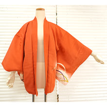 將圖片載入圖庫檢視器 Vintage Haori Kimono Jacket Silk, Vivid Orange base, Cloud ,Dew-on-Grass Motifs