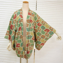 画像をギャラリービューアに読み込む, Vintage Haori Kimono Jacket Silk, Green base, Colorful Geometric Pattern