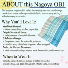 將圖片載入圖庫檢視器 Women'sWashable Nagoya Obi (White with Blue Gradient Stripes & Patterned Motifs)