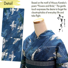 將圖片載入圖庫檢視器 Lightweight Cotton Yukata for Women, Indigo base, Flowers Birds and leaves pattern– Inspired by Kaneko Misuzu’s Poetry, Summer Japanese Kimono Robe