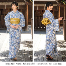 Load image into Gallery viewer, Women's Cotton Yukata, Casual Summer Kimono -White Base with Blue, Gray, and Navy Floral Arabesque