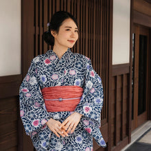 Load image into Gallery viewer, Women's Cotton Yukata, Casual Summer Kimono -Navy Base with Nadeshiko Flowers