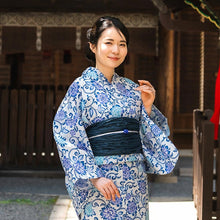 Load image into Gallery viewer, Women's Cotton Yukata, Casual Summer Kimono -White Base with Blue, Light Blue, and Blue-Violet Floral Arabesque