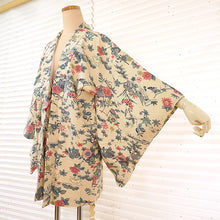 画像をギャラリービューアに読み込む, Vintage Haori Kimono Jacket Silk, Ivory base, Seasonal Flowers, Floral, Chrysanthemum, Maple, Peony