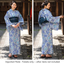 Load image into Gallery viewer, Women's Cotton Yukata, Casual Summer Kimono -White Base with Blue, Light Blue, and Blue-Violet Floral Arabesque