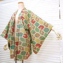 画像をギャラリービューアに読み込む, Vintage Haori Kimono Jacket Silk, Green base, Colorful Geometric Pattern