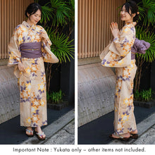Load image into Gallery viewer, Women's Cotton Yukata, Casual Summer Kimono -Light beige Base, “yagasuri” (arrow feather) patterns with clematis flowers