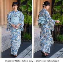 Load image into Gallery viewer, Women's Cotton Yukata, Casual Summer Kimono -Off-White Base with Blue, Green, and Navy Floral Arabesque