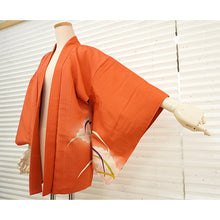 將圖片載入圖庫檢視器 Vintage Haori Kimono Jacket Silk, Vivid Orange base, Cloud ,Dew-on-Grass Motifs