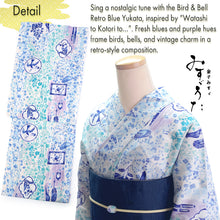 画像をギャラリービューアに読み込む, Lightweight Cotton Yukata for Women, Blue base, Bird, Bell pattern – Inspired by Kaneko Misuzu’s Poetry, Summer Japanese Kimono Robe