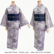 画像をギャラリービューアに読み込む, Lightweight Cotton Yukata for Women, Gray and purple tones base, Waves, shells and fish pattern – Inspired by Kaneko Misuzu’s Poetry, Summer Japanese Kimono Robe