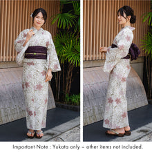 Load image into Gallery viewer, Women's Cotton Yukata, Casual Summer Kimono -Grayish white base with A graceful sakura (cherry blossom) motif featuring soft pink blooms