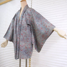 画像をギャラリービューアに読み込む, Vintage Haori Kimono Jacket Silk, Greyish Blue base, Floral Motifs