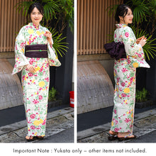 Load image into Gallery viewer, Women's Cotton Yukata, Casual Summer Kimono -Light Beige Base with Pink and yellow Autumn leaves and chrysanthemums