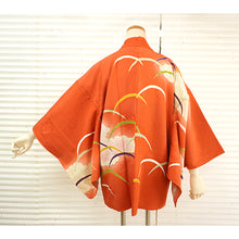 將圖片載入圖庫檢視器 Vintage Haori Kimono Jacket Silk, Vivid Orange base, Cloud ,Dew-on-Grass Motifs