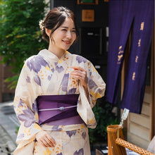 Load image into Gallery viewer, Women's Cotton Yukata, Casual Summer Kimono -Beige Base with Blown and yellow Grapes and Vines