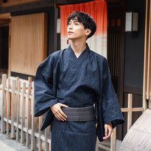 画像をギャラリービューアに読み込む, Men's Yukata Cotton & Linen : Navy with Rain-Like Stripes Yukata