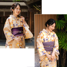 Load image into Gallery viewer, Women's Cotton Yukata, Casual Summer Kimono -Light beige Base, “yagasuri” (arrow feather) patterns with clematis flowers