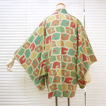画像をギャラリービューアに読み込む, Vintage Haori Kimono Jacket Silk, Green base, Colorful Geometric Pattern