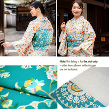 將圖片載入圖庫檢視器 Women's Washable Nagoya Obi (Blue-Green with Floral & Arabesque Motif)
